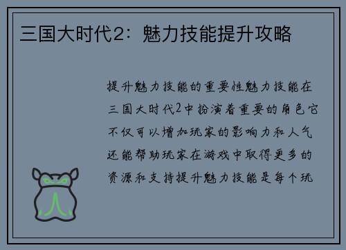 三国大时代2：魅力技能提升攻略